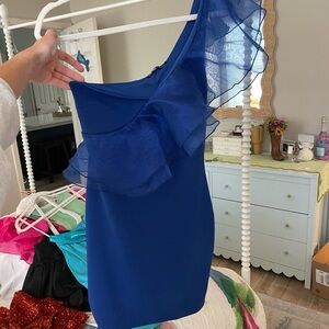 Blue One-Shoulder Dress with Ruffle Detail